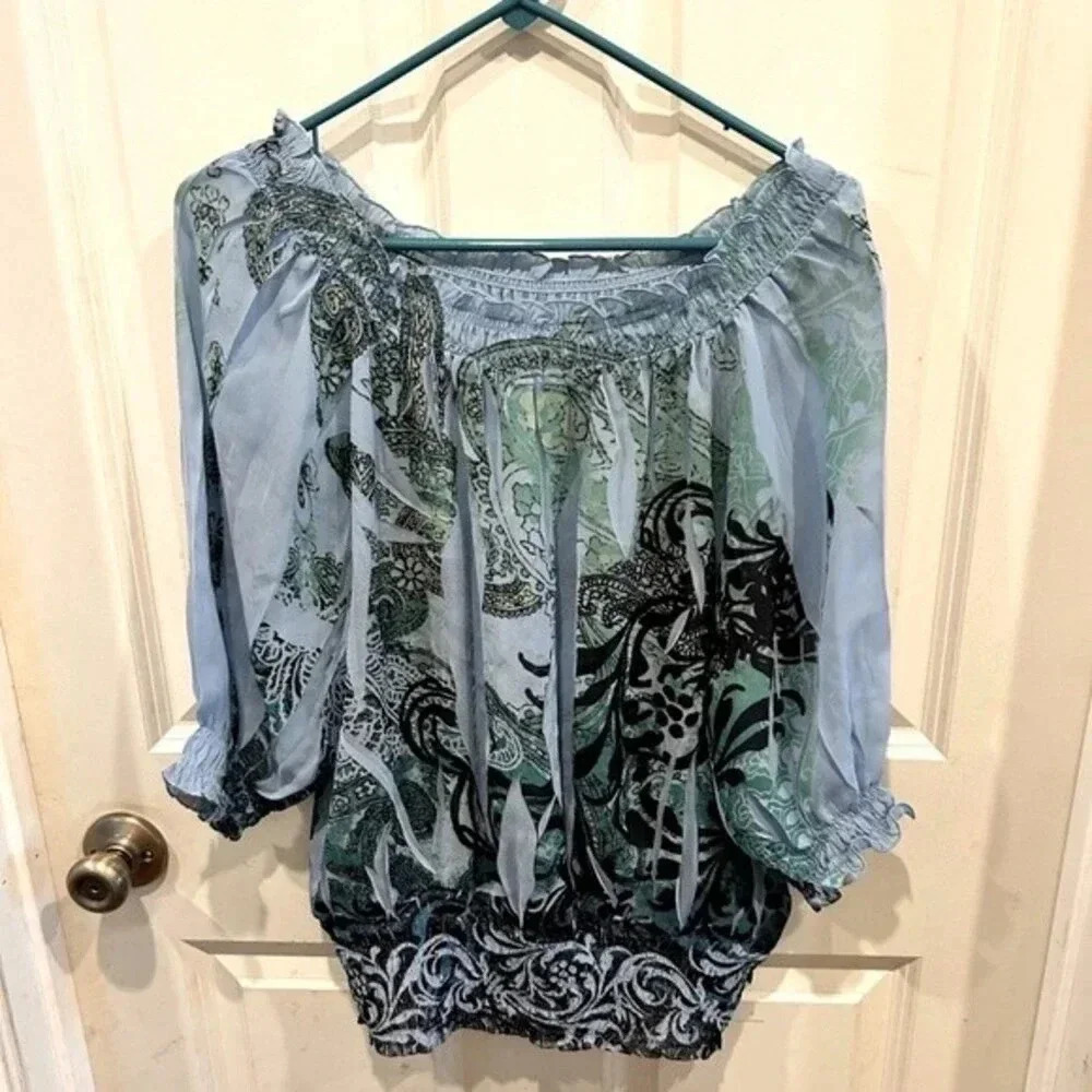 CATO Size Small Blue Green Black‎ Lightweight Flowy Boho Hippie Shirt